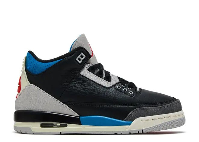 Air Jordan 3 Retro OG GS in black, blue, grey, and Chile Red.
