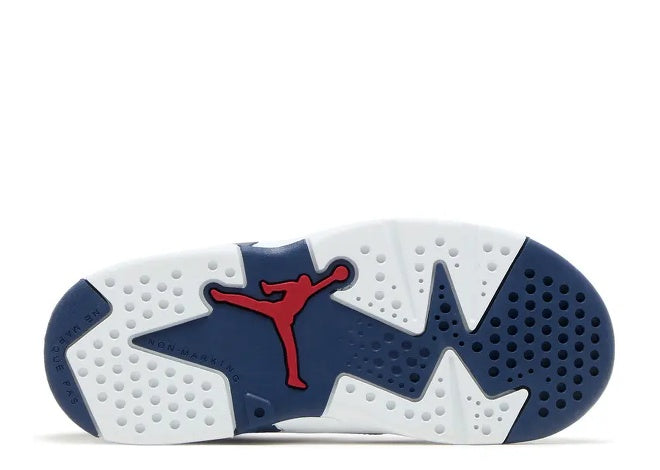 Air Jordan 6 TD toddler sneaker sole, white, navy, red, with Jumpman & non-marking.