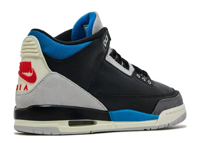 Jordan 3 Retro OG GS black sneakers with Chile Red Nike Air, prominent blue, and grey elephant print.
