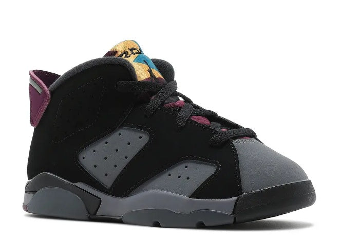 Black & grey Air Jordan 6 Infants sneaker with Bordeaux purple accents.