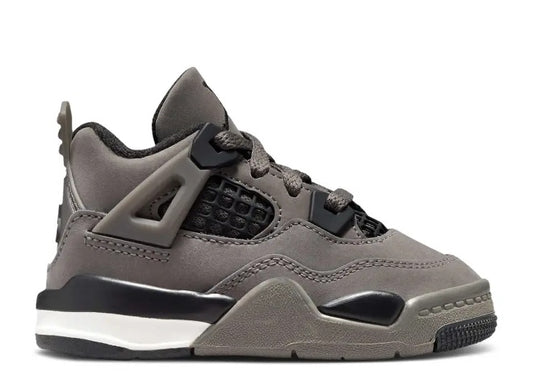 Air Jordan 4 Retro TD Cave Stone toddler sneaker in grey & black.