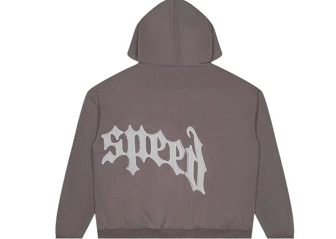 Stone Grey GODSPEED hoodie back with gothic speed lettering.