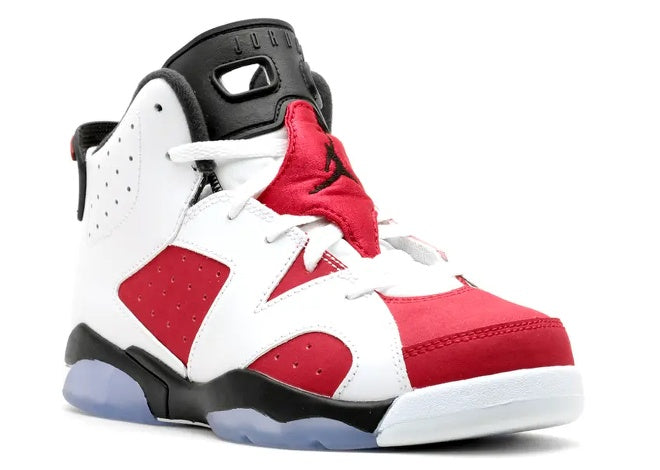 Air Jordan 6 PS kids sneaker in white, carmine red, and black.