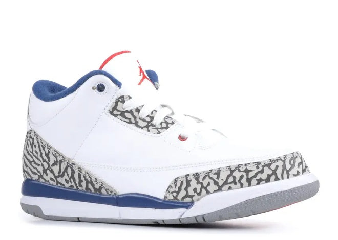 Jordan 3 Retro PS White Fire Red True Blue elephant print sneakers.