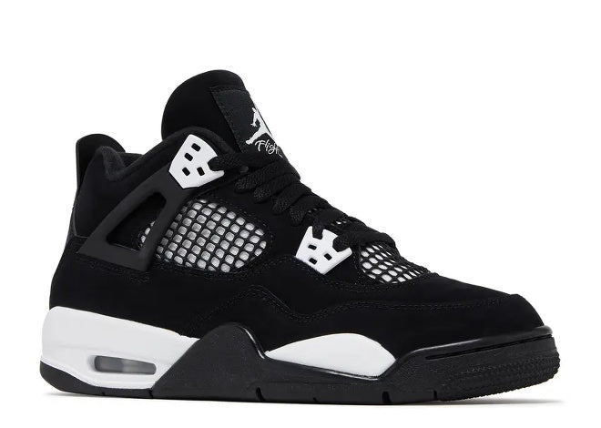 Kids Air Jordan 4 GS black and white sneaker with mesh and Flight logo. FQ8213-001.