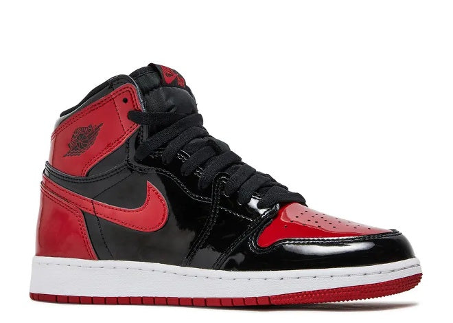 Air Jordan 1 High Kids Bred Patent sneakers.