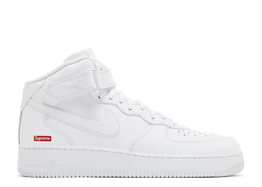 Nike Supreme Air Force 1 Mid Box Logo Triple White mens sneaker.