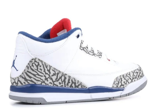 Jordan 3 Retro PS White True Blue Fire Red sneaker, side view with elephant print details.