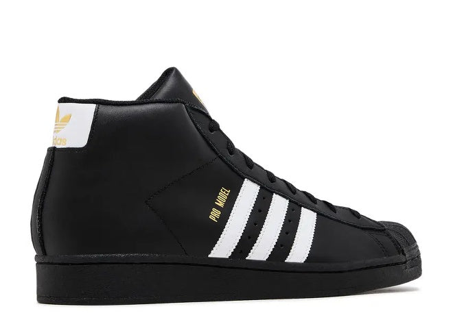 Adidas Pro Model black high-top mens sneaker with white stripes, gold details. FV5723-572