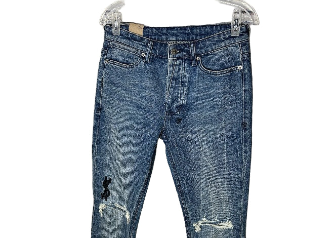KSUBI casual unisex blue acid wash jeans with ripped knees & black dollar sign.
