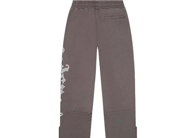 Stone Grey GODSPEED sweatpants, back view, with white gothic lettering on left leg and back pocket.
