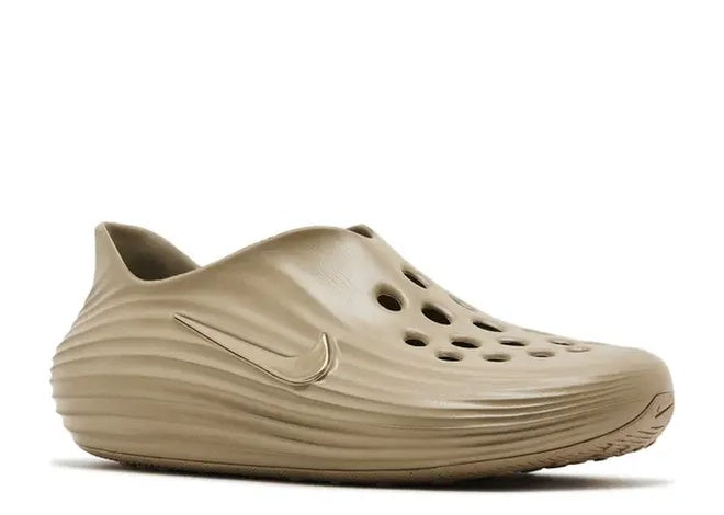 Nike ReactX Rejuven8 mens khaki slip-on shoe with ribbed texture and perforated toe.
