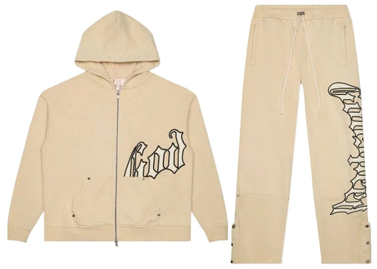 GODSPEED SUIT cream full-zip hoodie with God text, matching joggers with vertical graphic and ankle snaps.