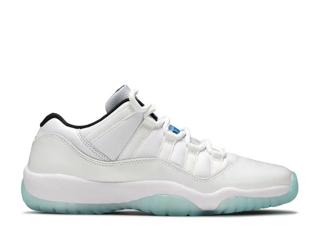 Air Jordan 11 Low Kids sneaker in white, black, and legend blue.