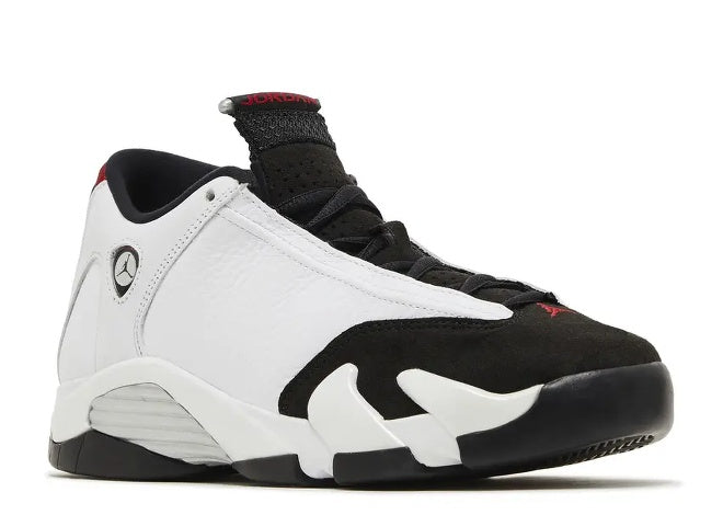 Air Jordan 14 Boys sneaker in white, black, and varsity red.