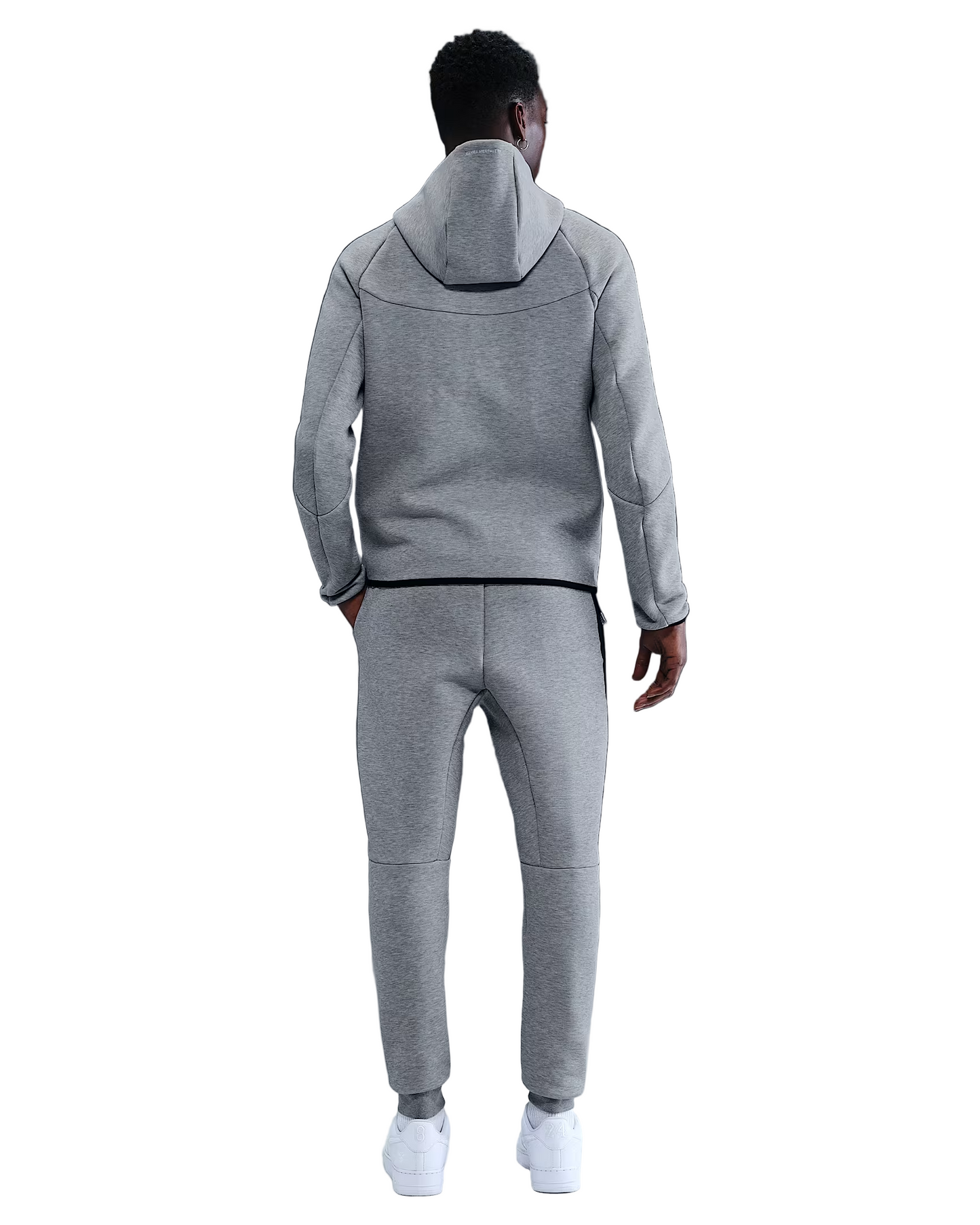 Nike Kobe Mens grey athletic performance pants & matching hoodie, worn by man, rear view.