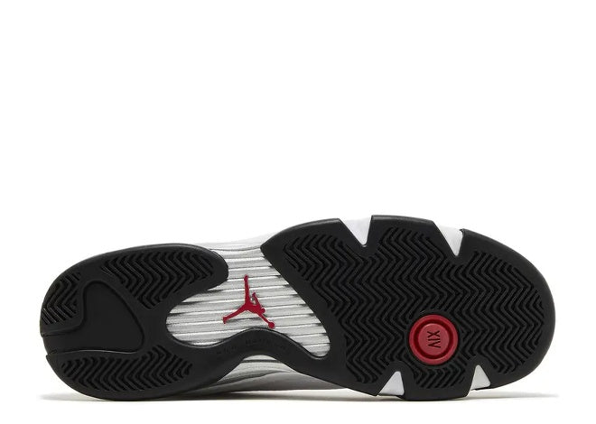 Air Jordan 14 Kids sneaker sole, white, black, red Jumpman logo & XIV detail