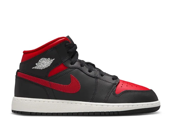 Air Jordan 1 Mid GS Black Varsity Red Summit White sneaker.