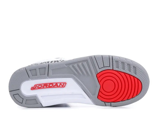 Jordan 3 Retro PS White Fire Red True Blue preschool sneaker sole in gray, white, red, with JORDAN logo.