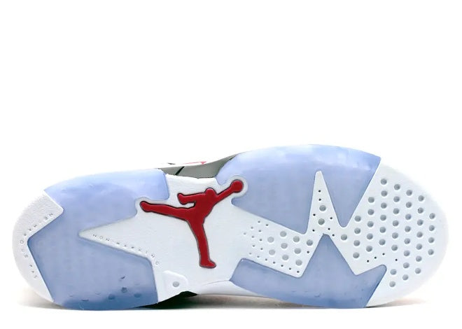 Kids Air Jordan 6 PS White Carmine Black sneaker bottom view, featuring red Jumpman and icy blue sole.