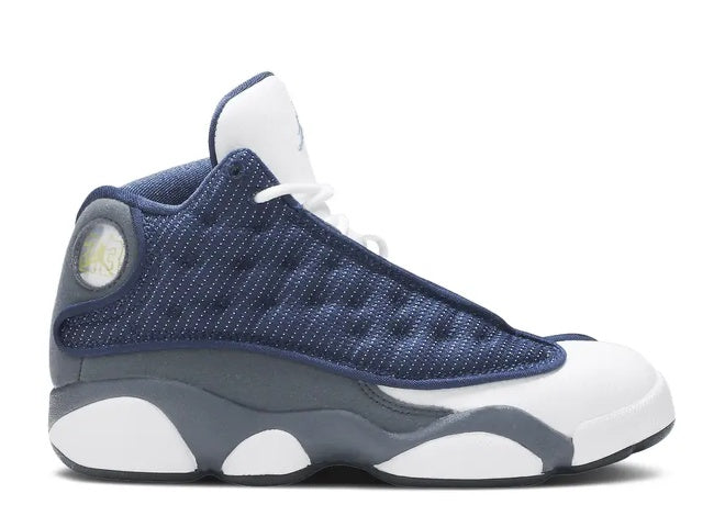 Navy and white Jordan 13 Retro PS kids sneakers, side view