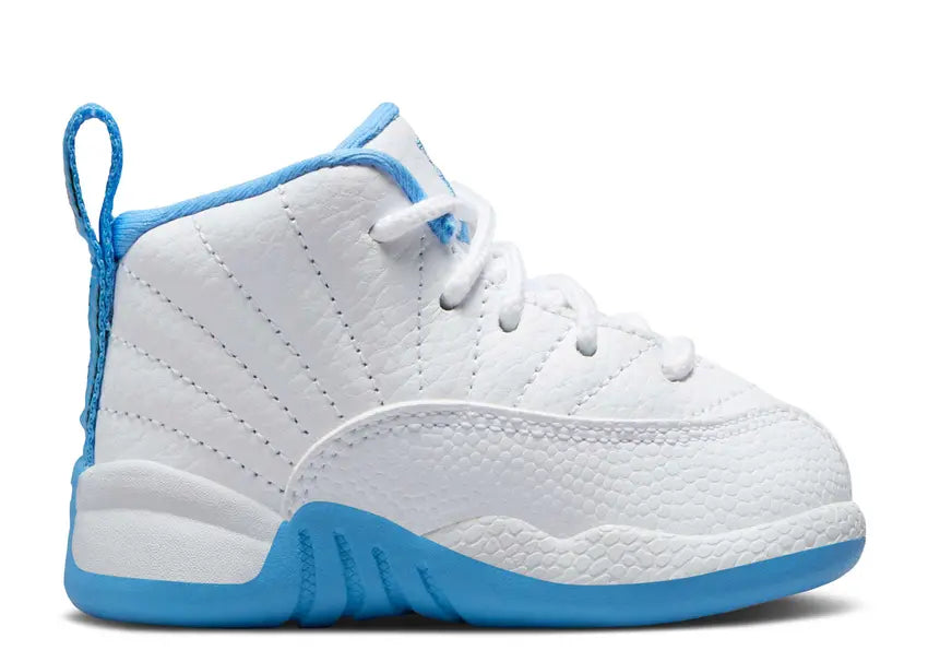 Jordan 12 Retro TD boys toddler basketball shoes in white and University Blue.