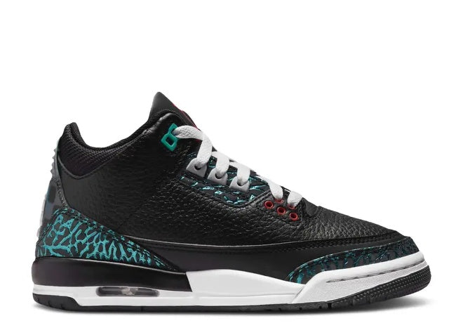 Black Air Jordan 3 GS with Hyper Jade print, Siren Red accents FV5437-001.