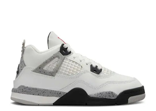 Air Jordan 4 Retro OG PS B Summit White basketball shoes featuring black and grey speckled details.