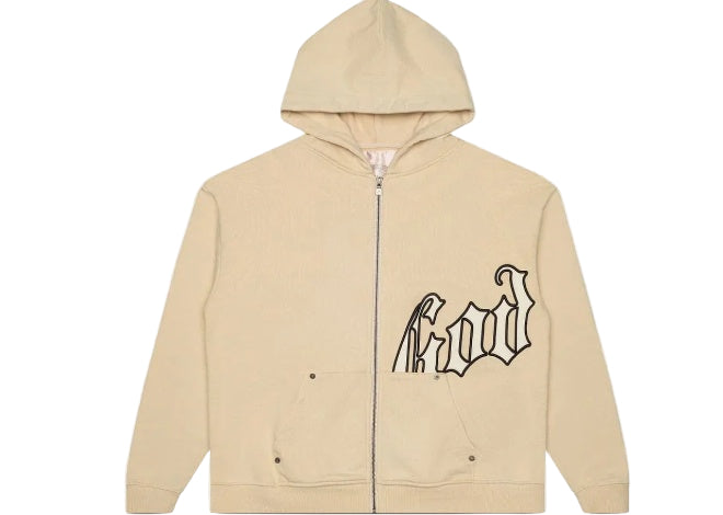 Cream Bone Boom GODSPEED full-zip hoodie with stylized God lettering, hood, and metal accented pockets.