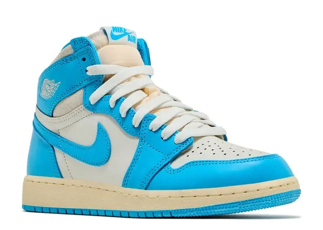 Air Jordan 1 Retro High OG GS Dark Powder Blue shoe with light blue & off-white panels.