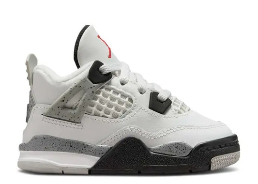 Nike Jordan 4 Retro OG TD Summit White Cement toddler shoes, white, gray speckled sole, black accents.