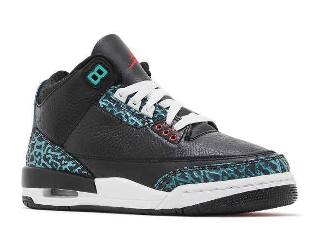 Air Jordan 3 GS black Hyper Jade/teal kids sneaker with iconic elephant print, red accents. FV5437-001