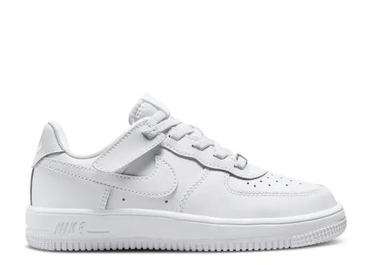 White Nike Force 1 Low EasyOn kids shoes with hook-and-loop strap, side view.