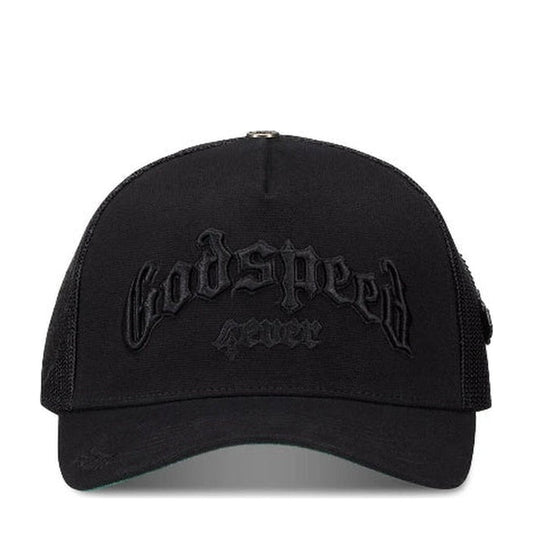 Godspeed Forever Vanta Black Trucker Hat - 85% Scale - Angle 2