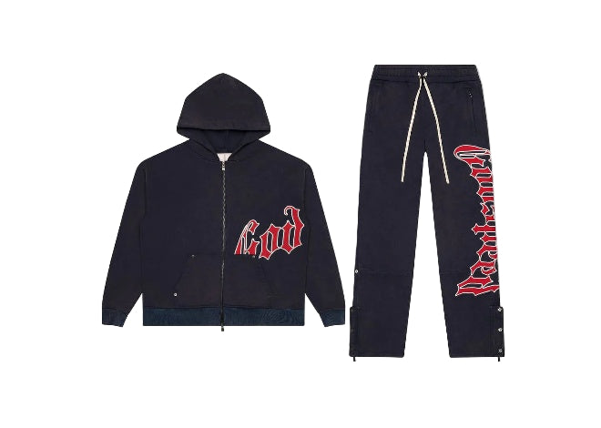GODSPEED Navy Red suit: Navy blue hooded zip-up & matching sweatpants with red gothic print.