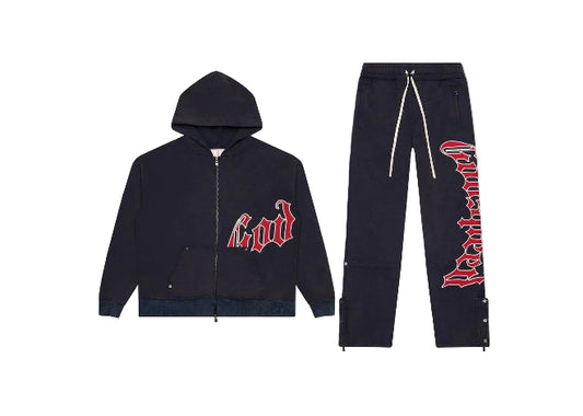 GODSPEED Navy Red suit: Navy blue hooded zip-up & matching sweatpants with red gothic print.