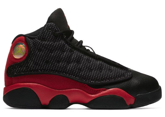Jordan 13 Retro PS Bred black red sneakers, dimpled upper, holographic eye.