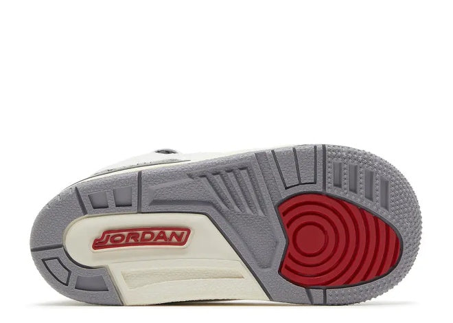 Air Jordan 3 TD sole in Summit White, Fire Red & gray, featuring the Jordan logo.