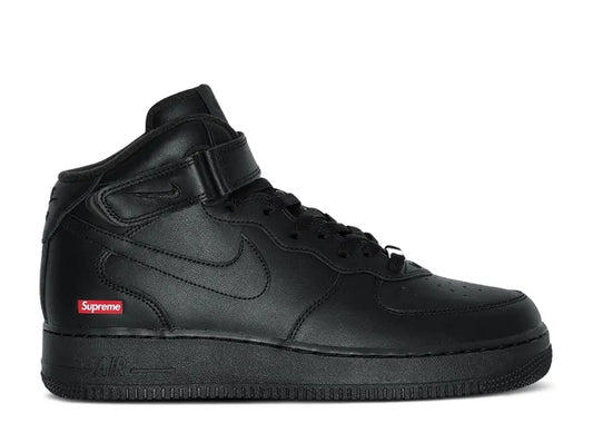 Mens Triple Black Nike Supreme Air Force 1 Mid sneaker with red box logo on the side.