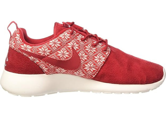 Nike Roshe One Winter Gym Red sneakers with white snowflake pattern and white sole.