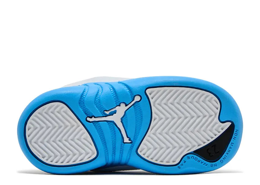 Jordan 12 Retro TD boys toddler basketball shoe sole in white/University Blue, Jumpman logo.