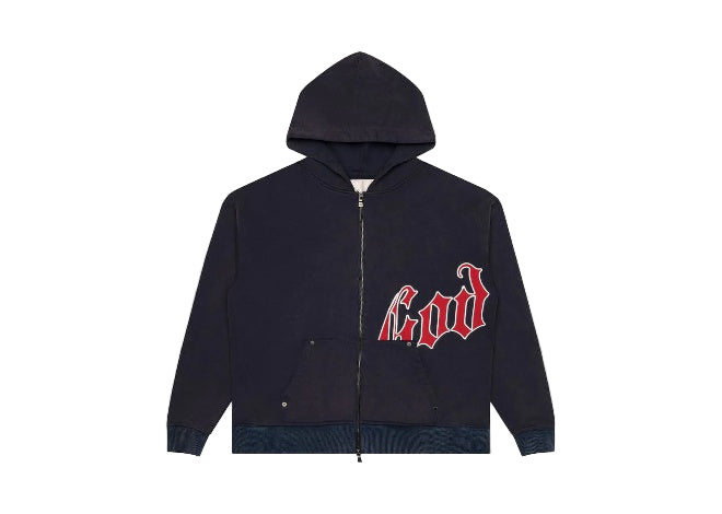 Navy Red GODSPEED full-zip hoodie featuring red gothic God lettering.