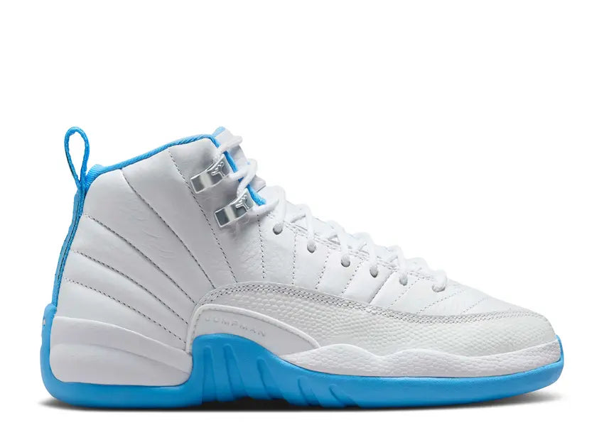 Jordan Retro 12 boys basketball shoes, white & University Blue.