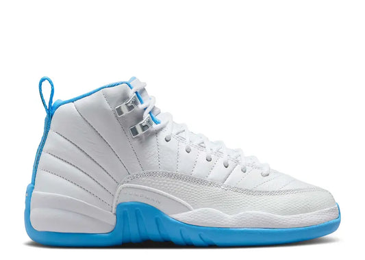 Jordan Retro 12 boys basketball shoes, white & University Blue.