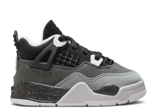 Air Jordan 4 TD Black White Anthracite kids sneaker, speckled sole detail.