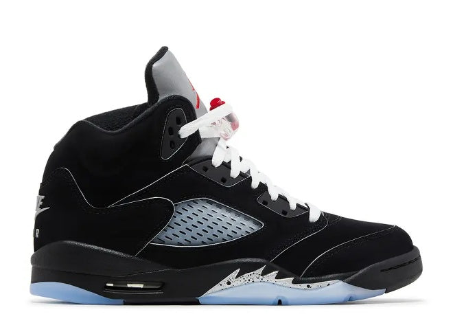 Air Jordan 5 OG GS Black Metallic Silver sneaker HF3976-001 with white laces, red Jumpman, and icy sole.