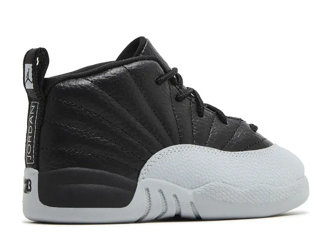 Unisex Air Jordan 12 Infant sneaker in black, wolf grey, white.