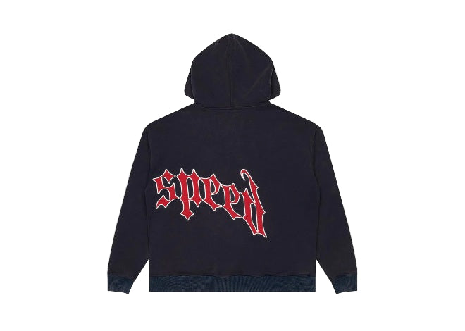Navy GODSPEED hoodie with red SPEED text on back.