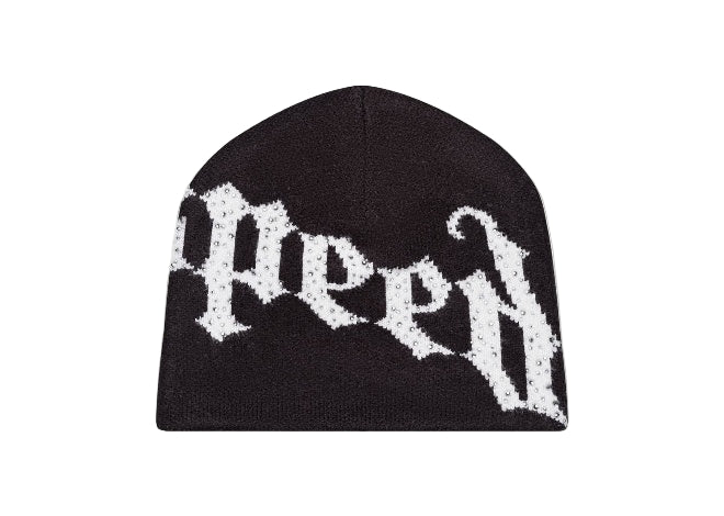 Black beanie with white studded Godspeed gothic logo.