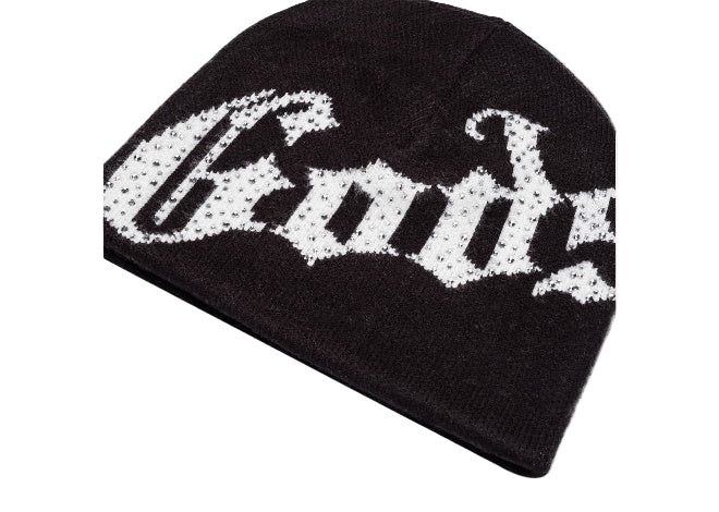 Black knit beanie with white studded Godspeed logo.